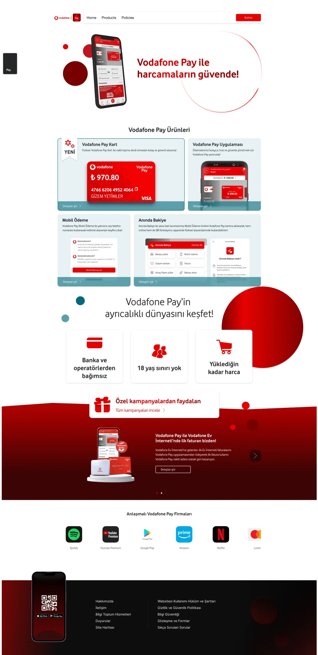 Vodafone Pay homepage — modular card-based product overview